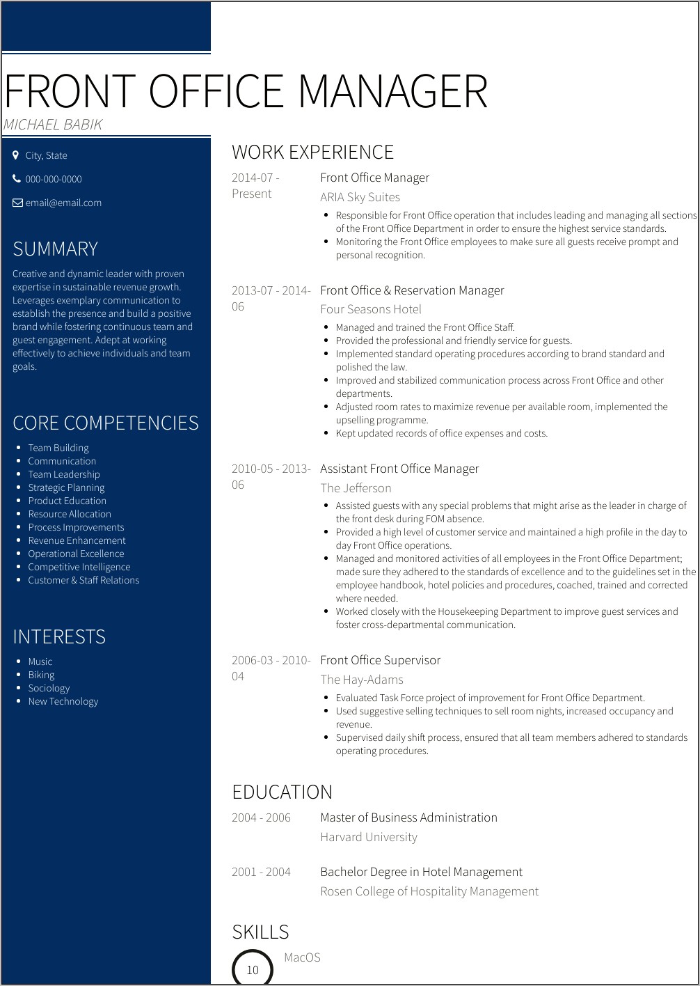 Example Resume For Becoming A Front Office Executive