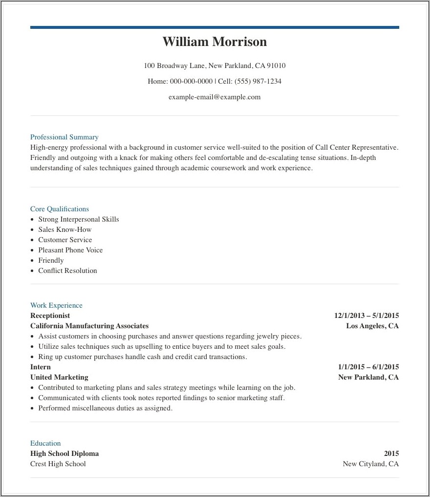 Example Resume For Call Center Agent
