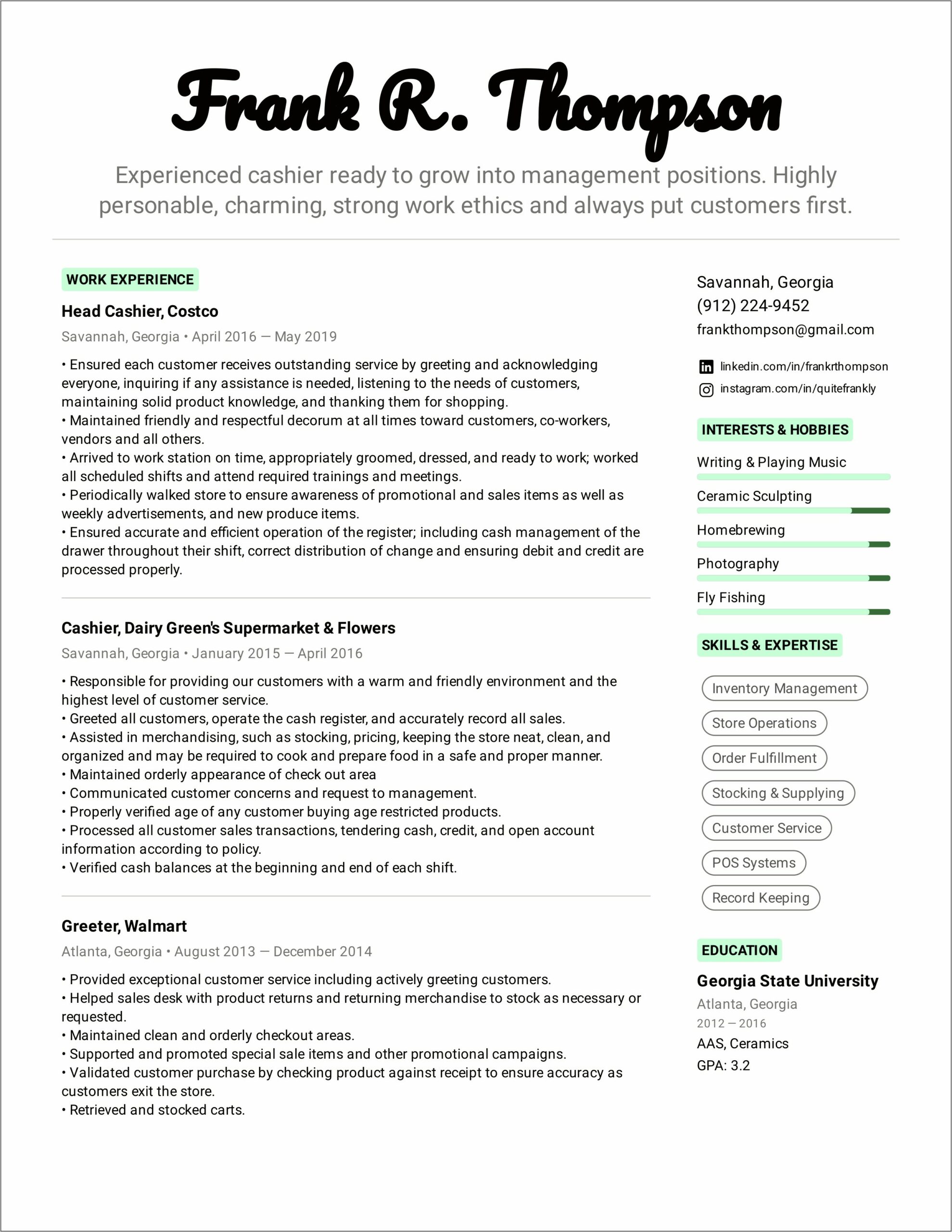 Example Resume For Cashier Objectives