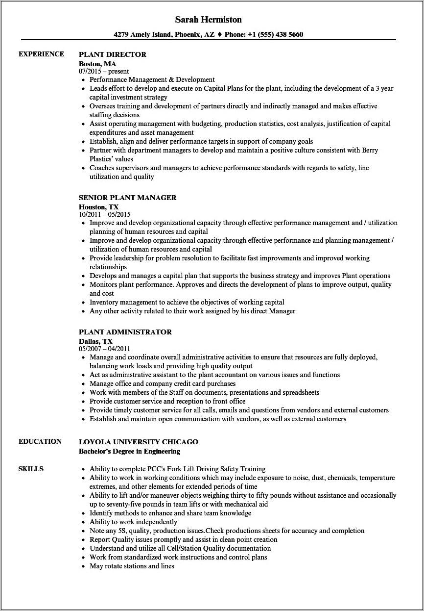 Example Resume For Chocolate Factory