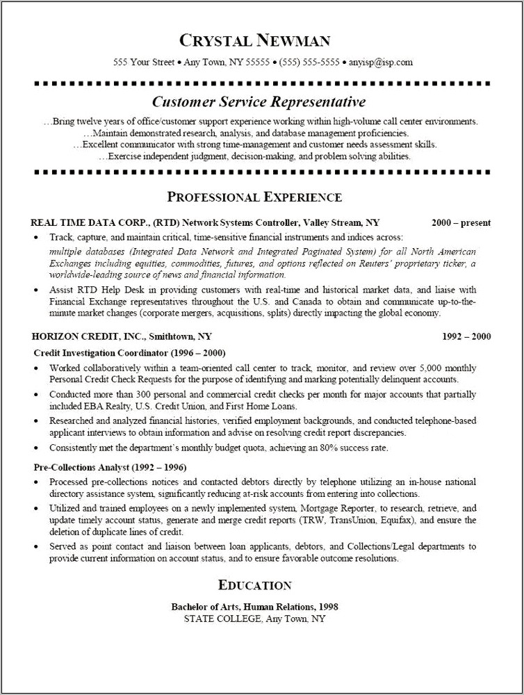 Example Resume For Customer Service Position