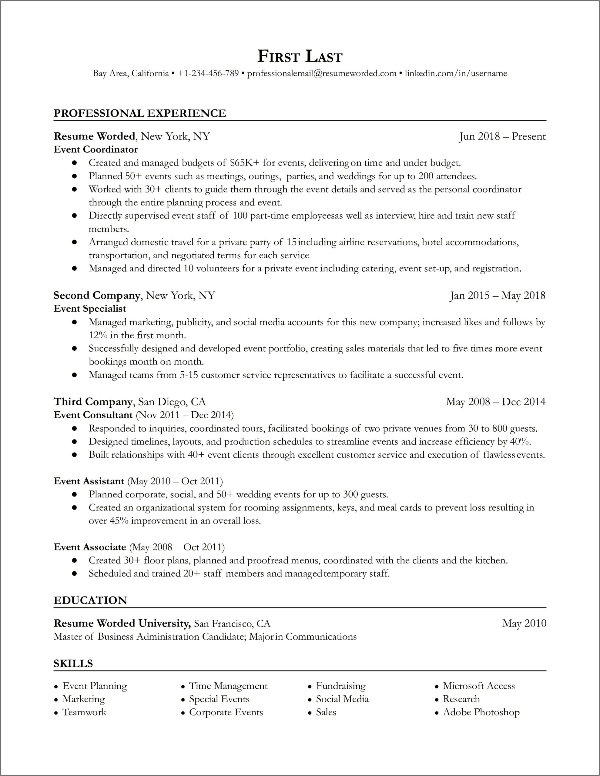 Example Resume For Event Coordinator