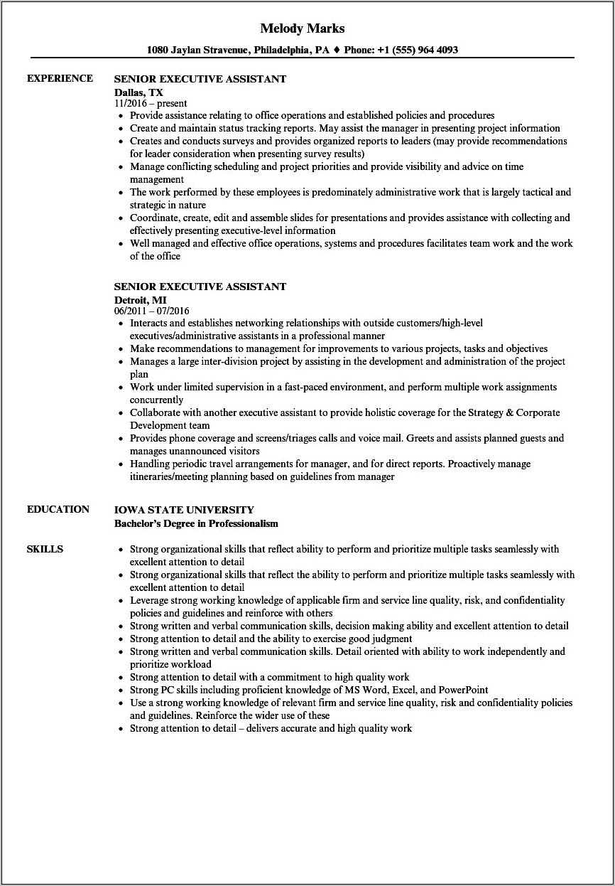 Example Resume For Executive Administrator Position