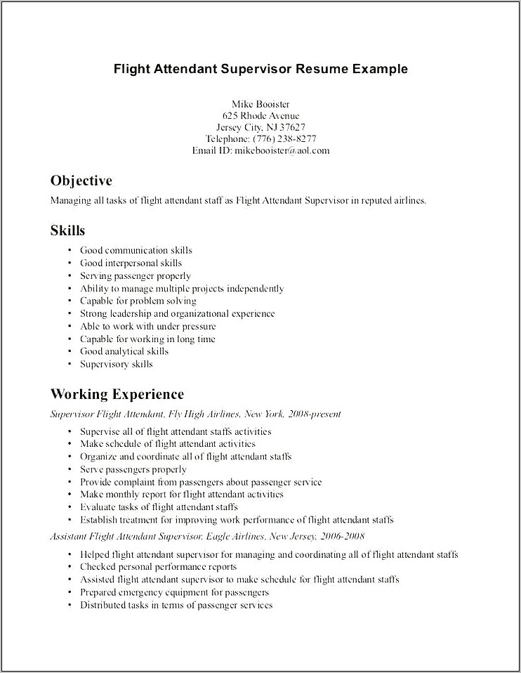 Example Resume For Flight Attendant Position