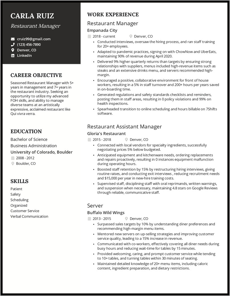 Example Resume For Food Service Manager