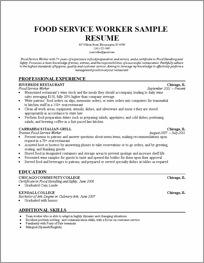 Example Resume For Food Service Worker