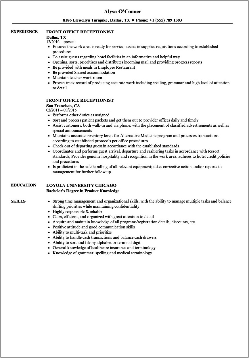 Example Resume For Front Desk Receptionist