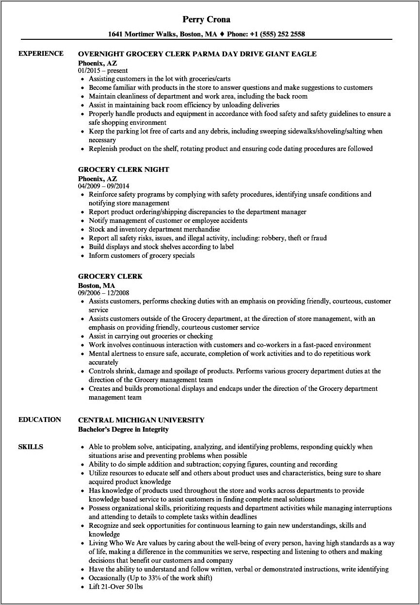 Example Resume For Grocery Store Meats