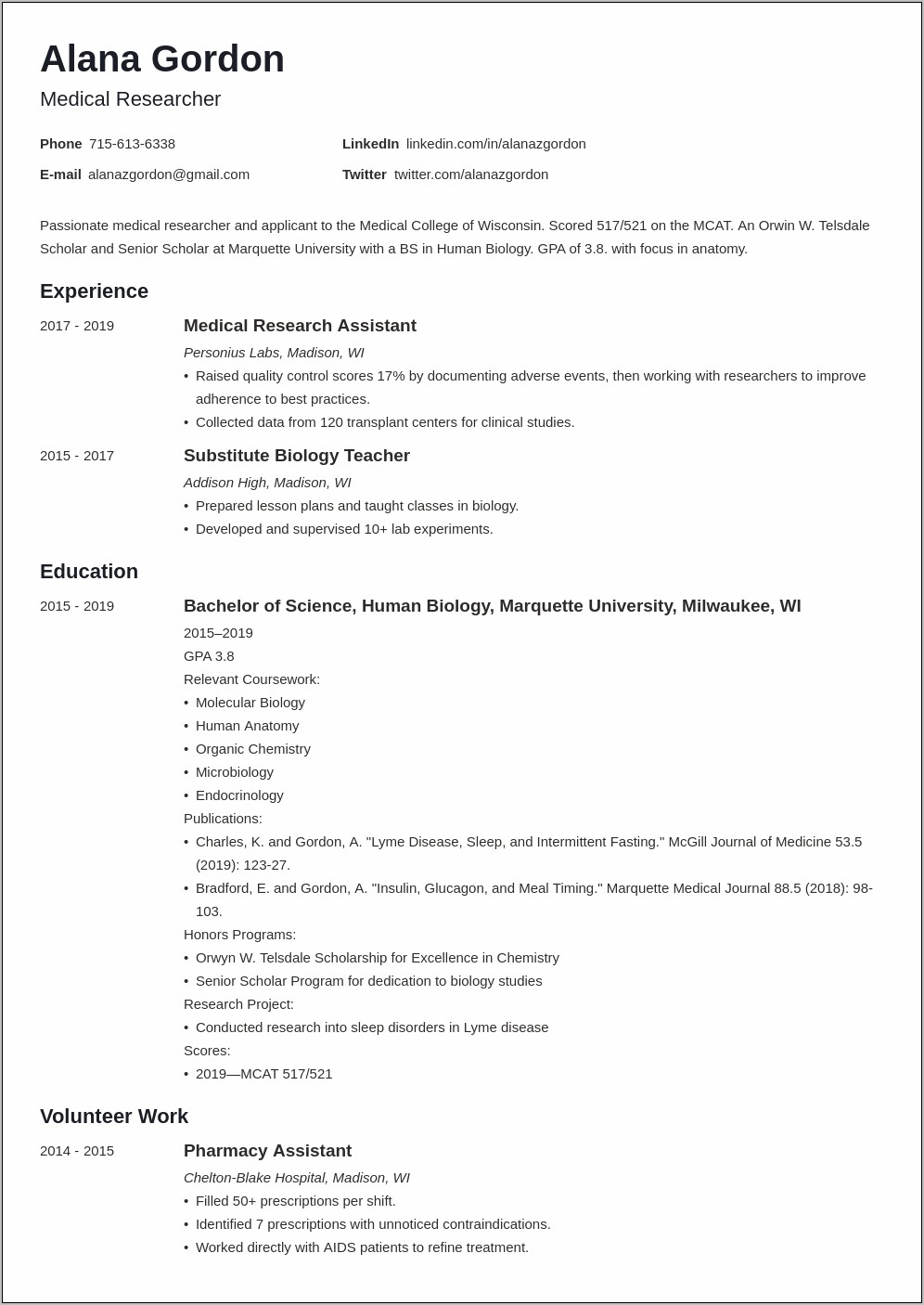 Example Resume For Internship In Medicine College Stident