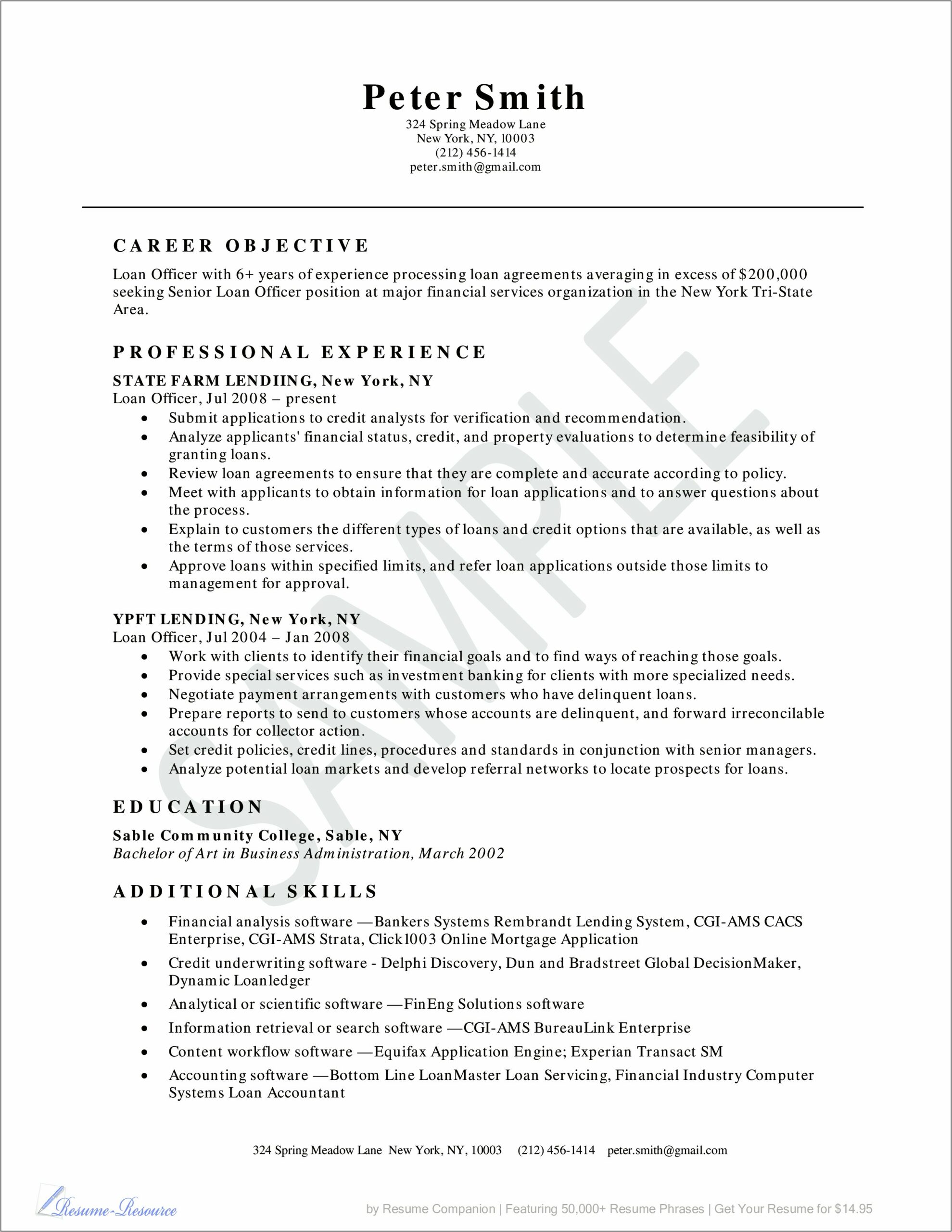 Example Resume For Mortgage Loan Officer
