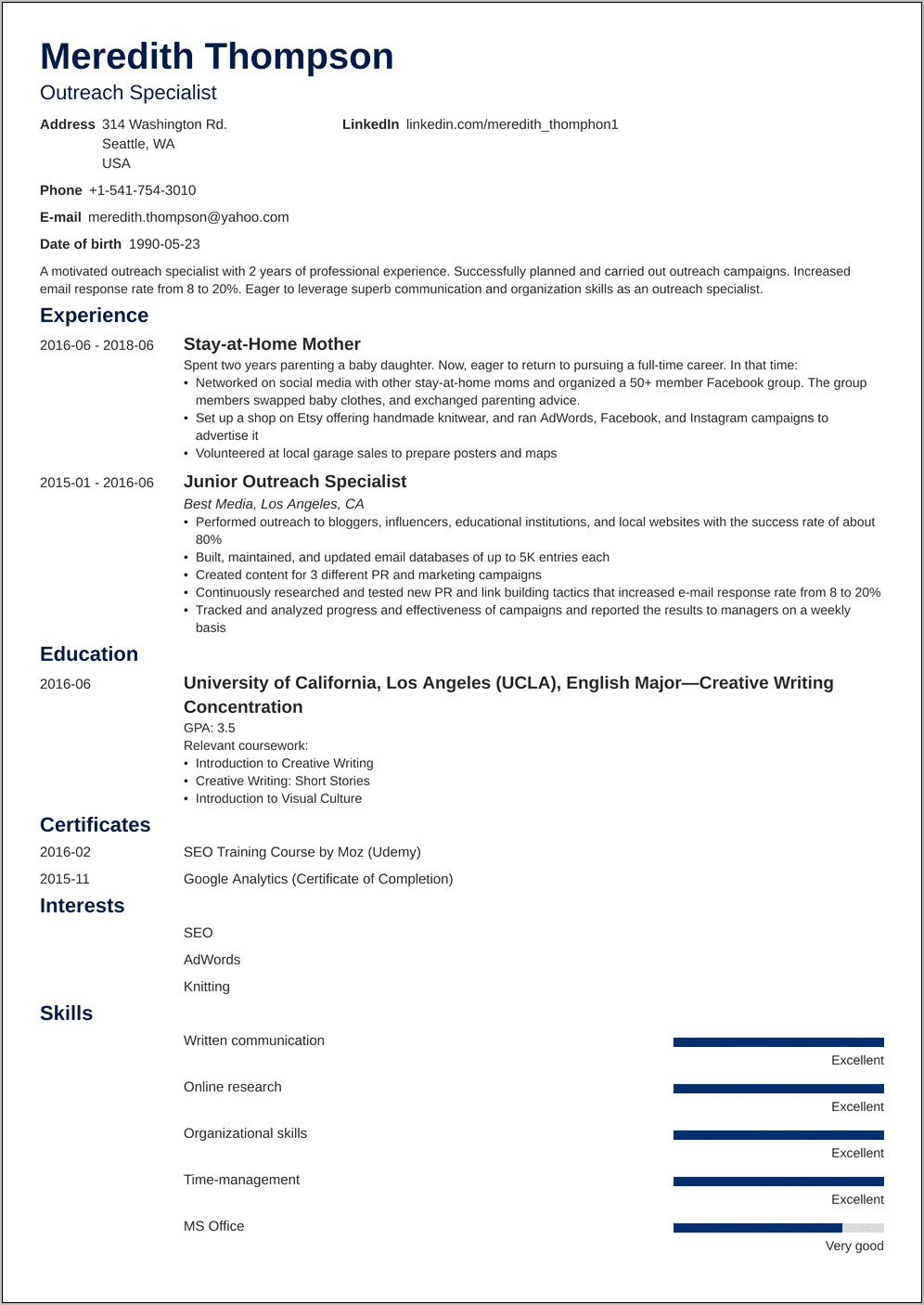 Example Resume For Mother Returning To Workforce