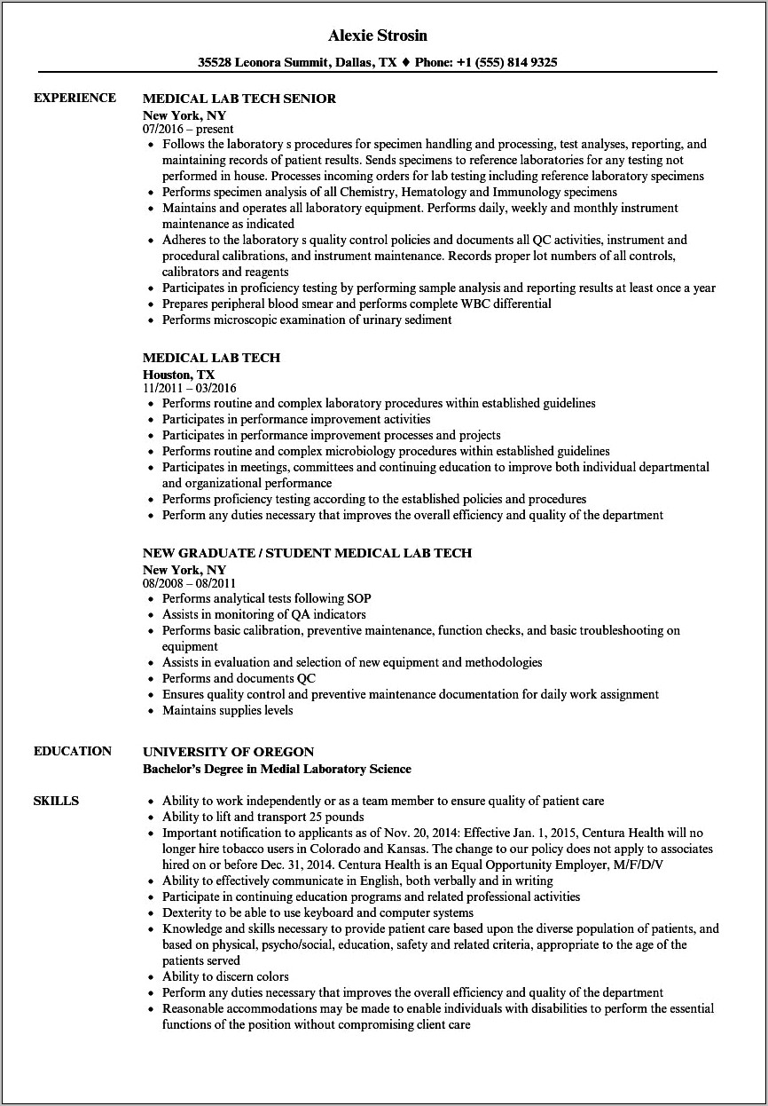 Example Resume For New Medical Lab Technician