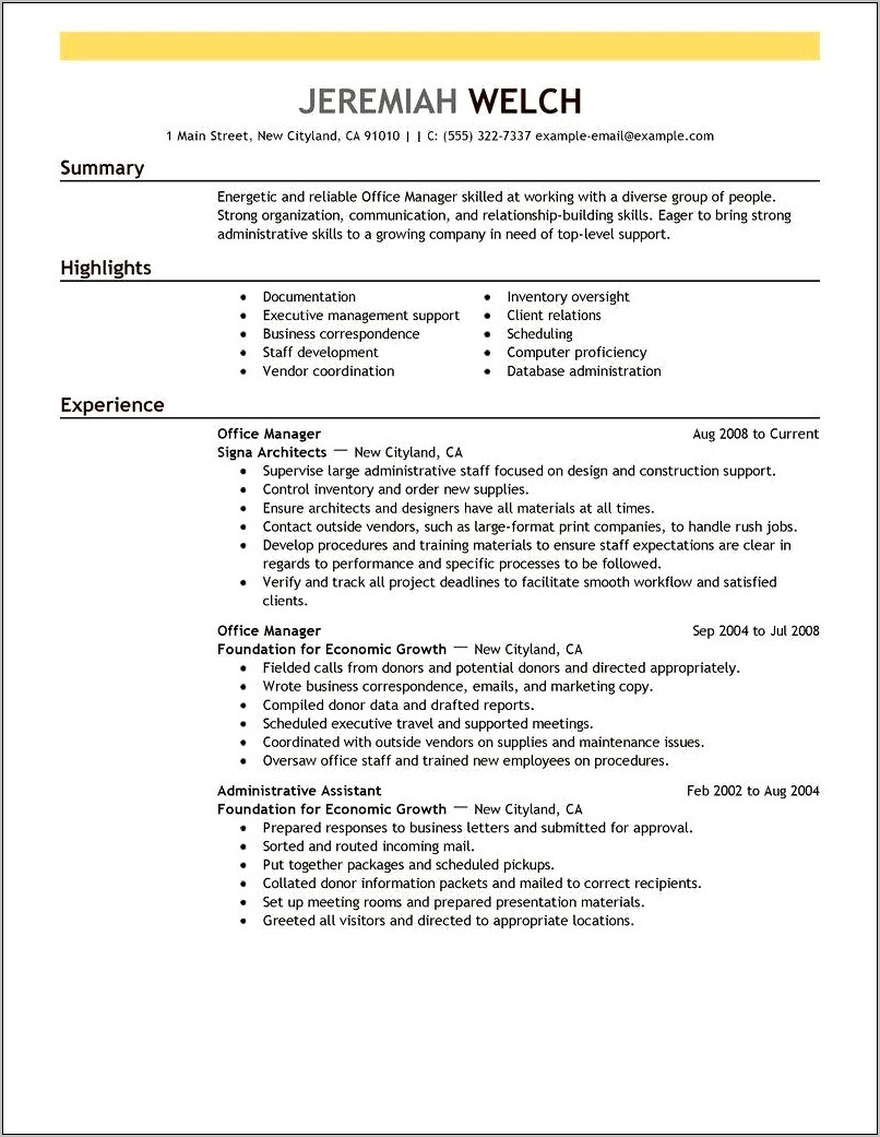 Example Resume For Office Manager Position