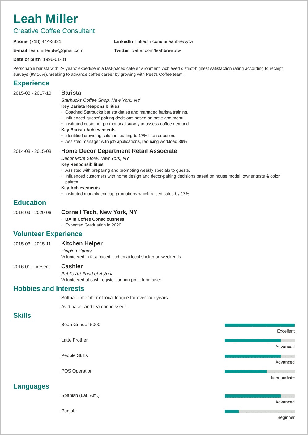 Example Resume For Part Time Coffee Shop Job