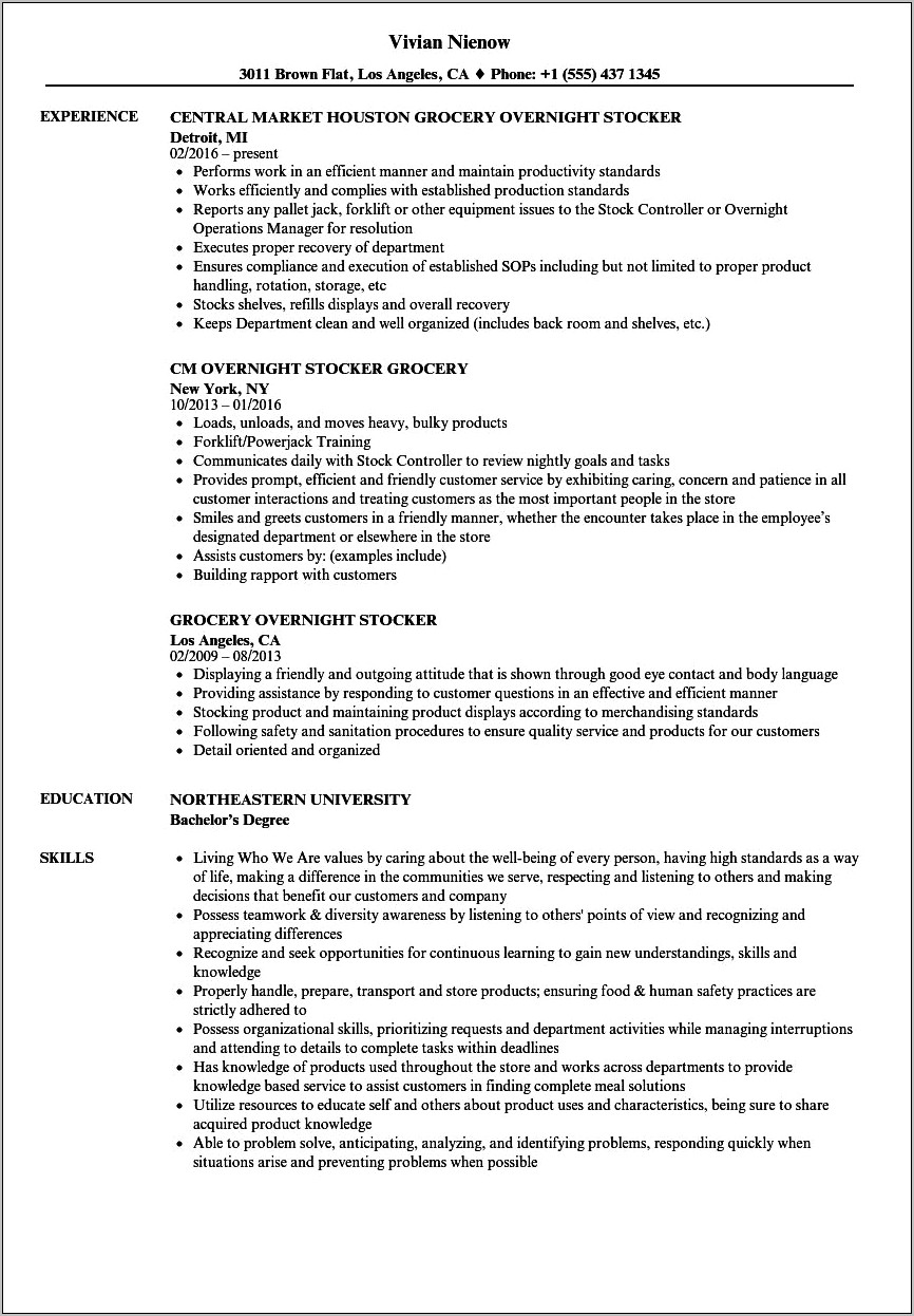 Example Resume For Part Time Grocery Clerk