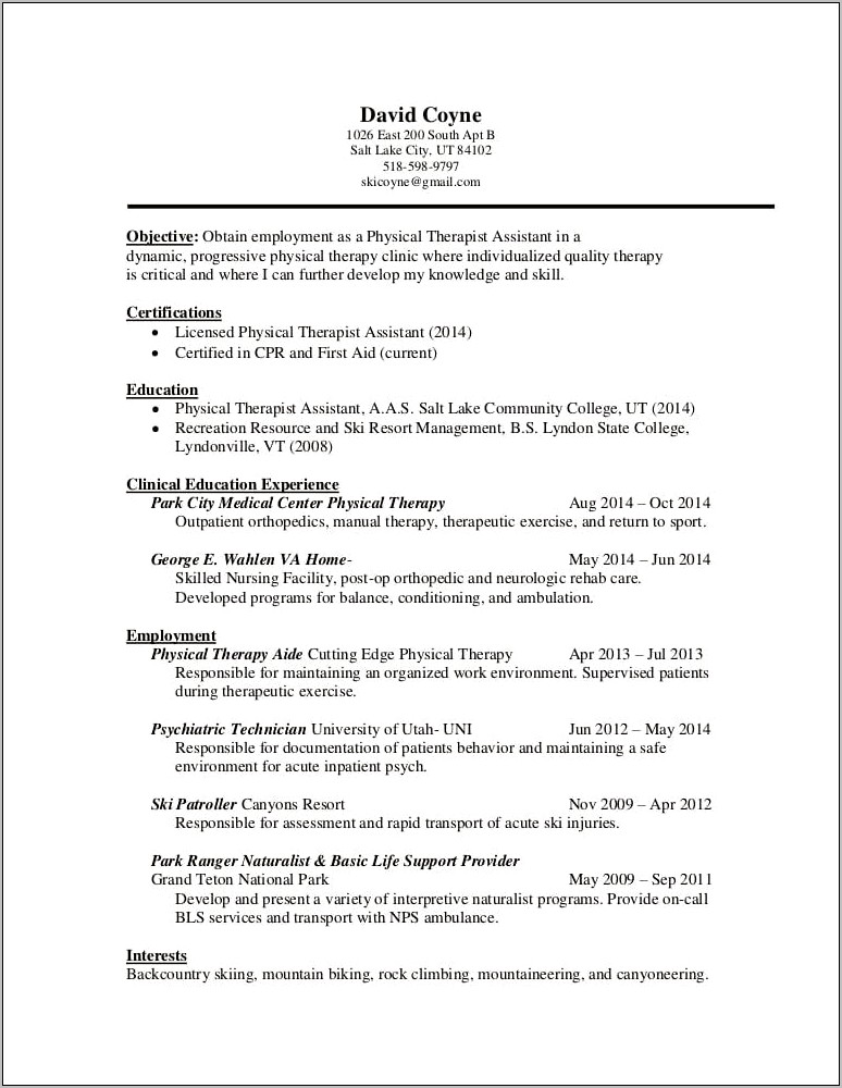 Example Resume For Physical Therapy Aide