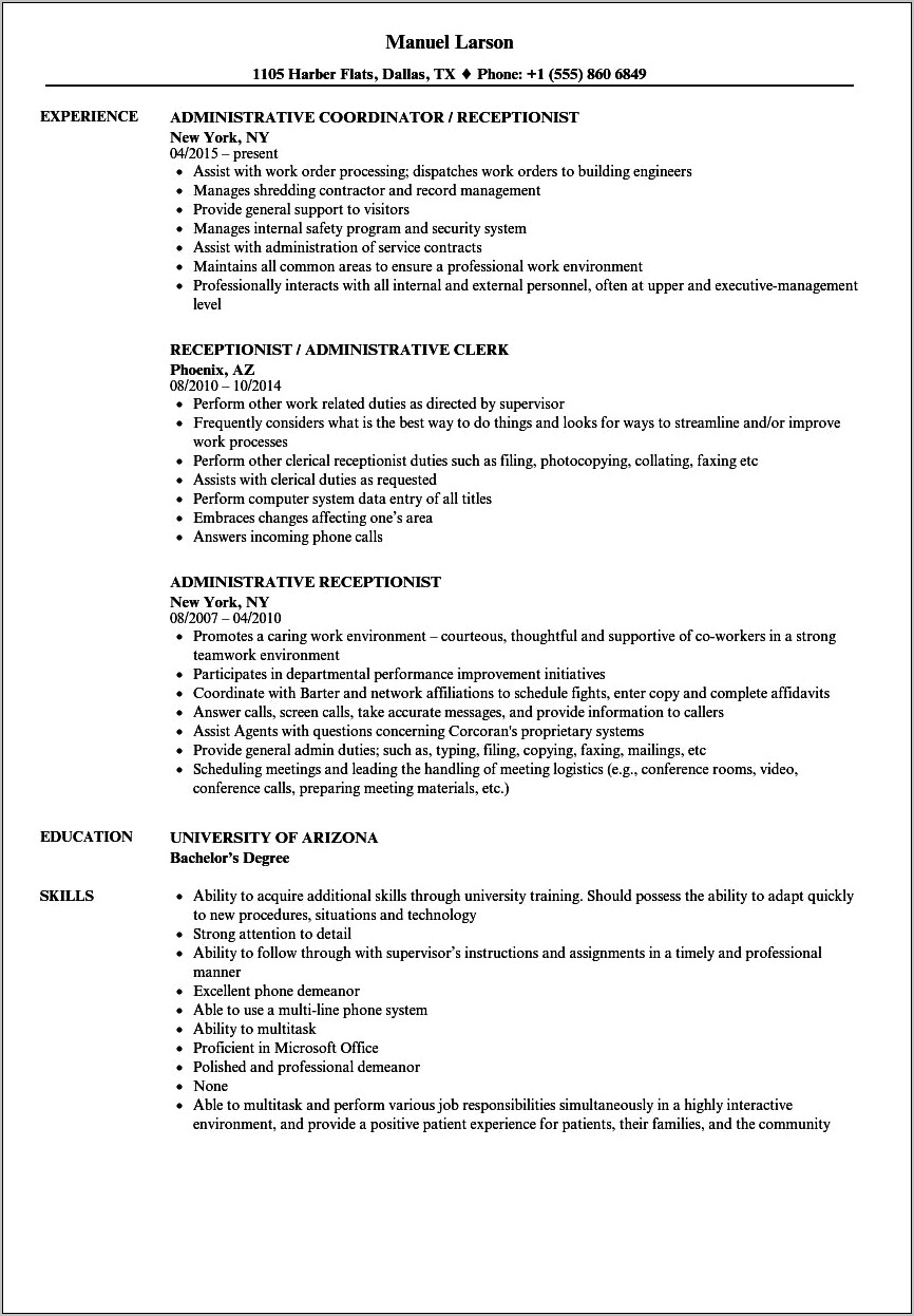 Example Resume For Receptionist And Administration Assistant