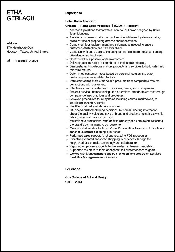 Example Resume For Sales Associate Position