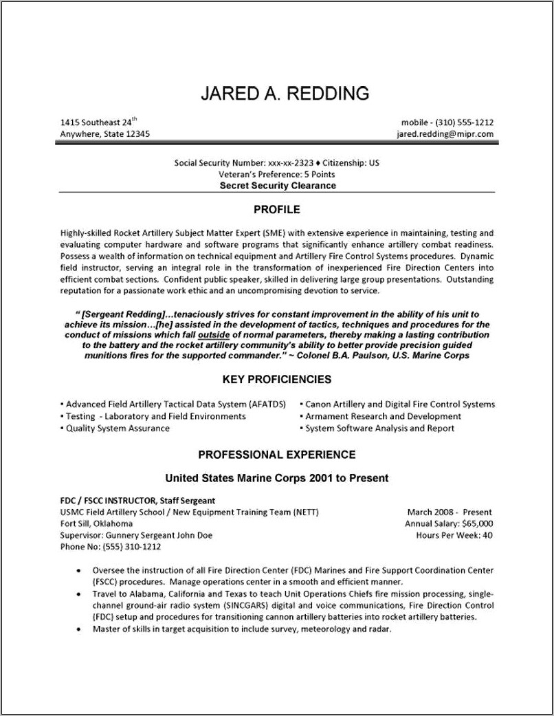 Example Resume For Sergeant In Army