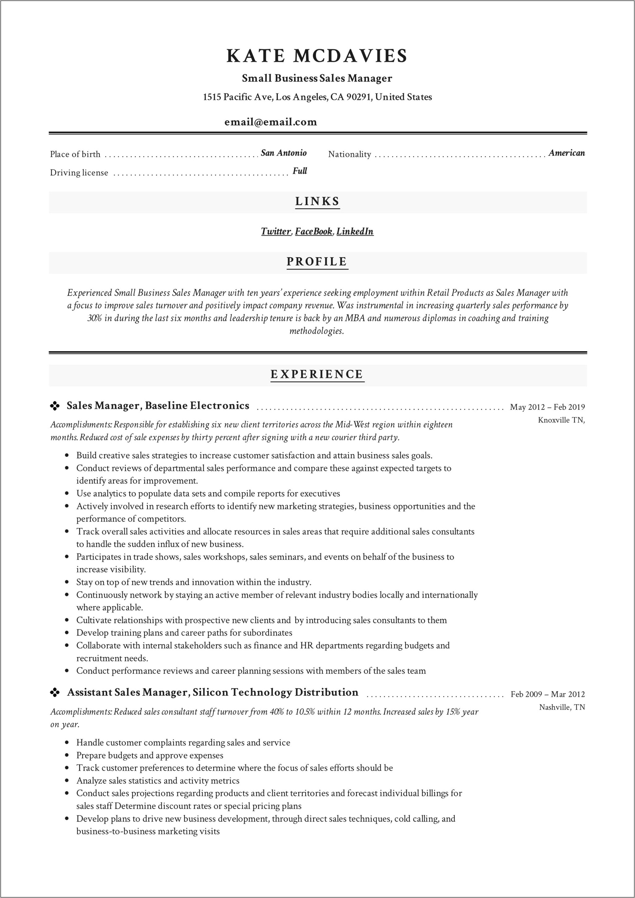 Example Resume For Small Business