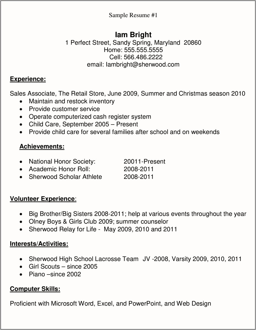 Example Resume For Students In High School