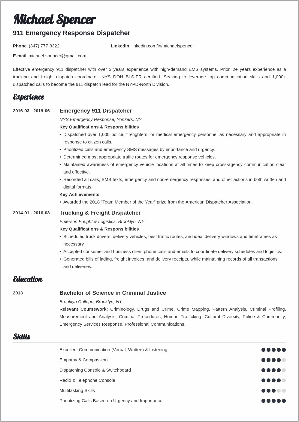 Example Resume For Tow Truck Dispatcher