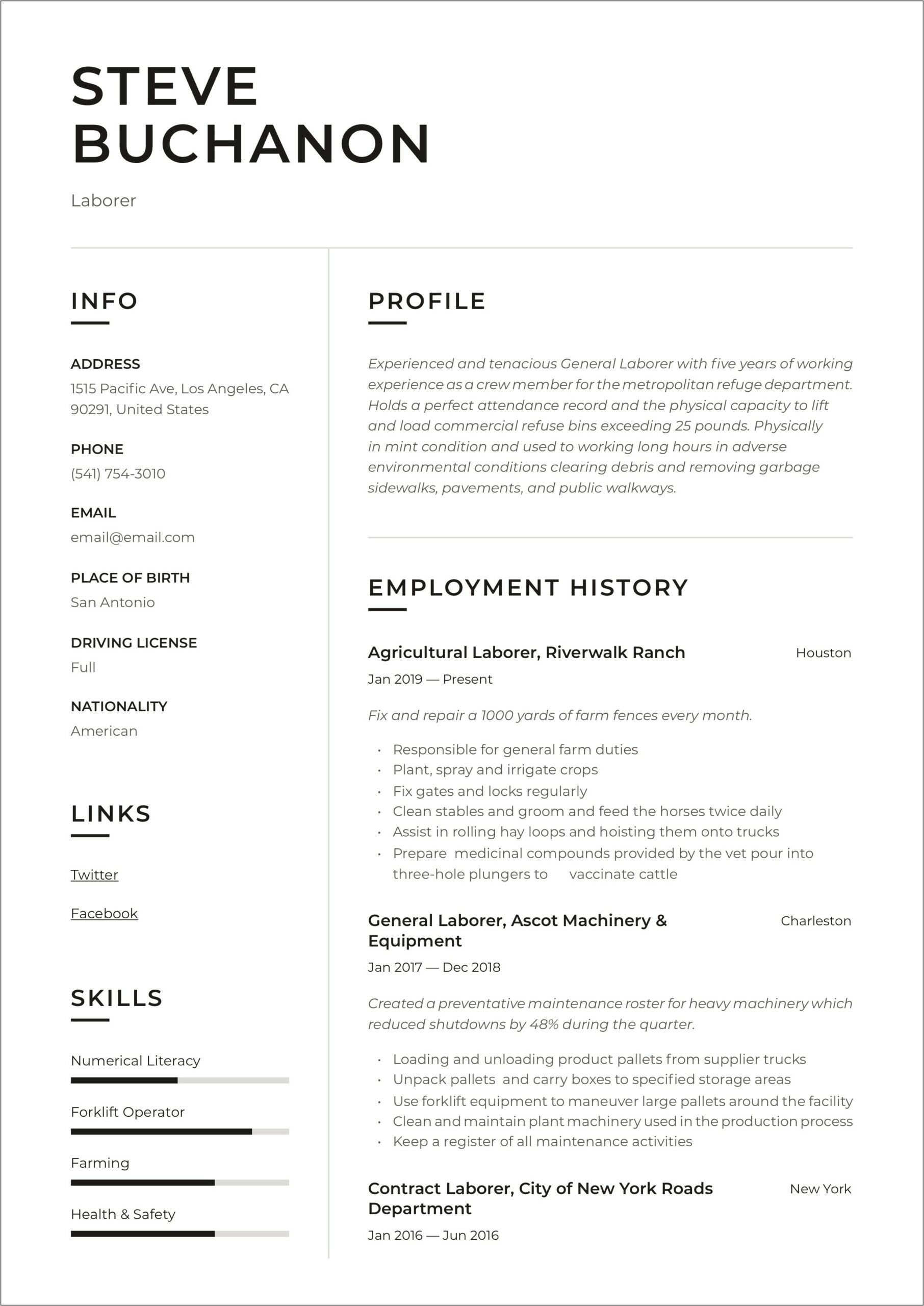 Example Resume For Unskilled Worker