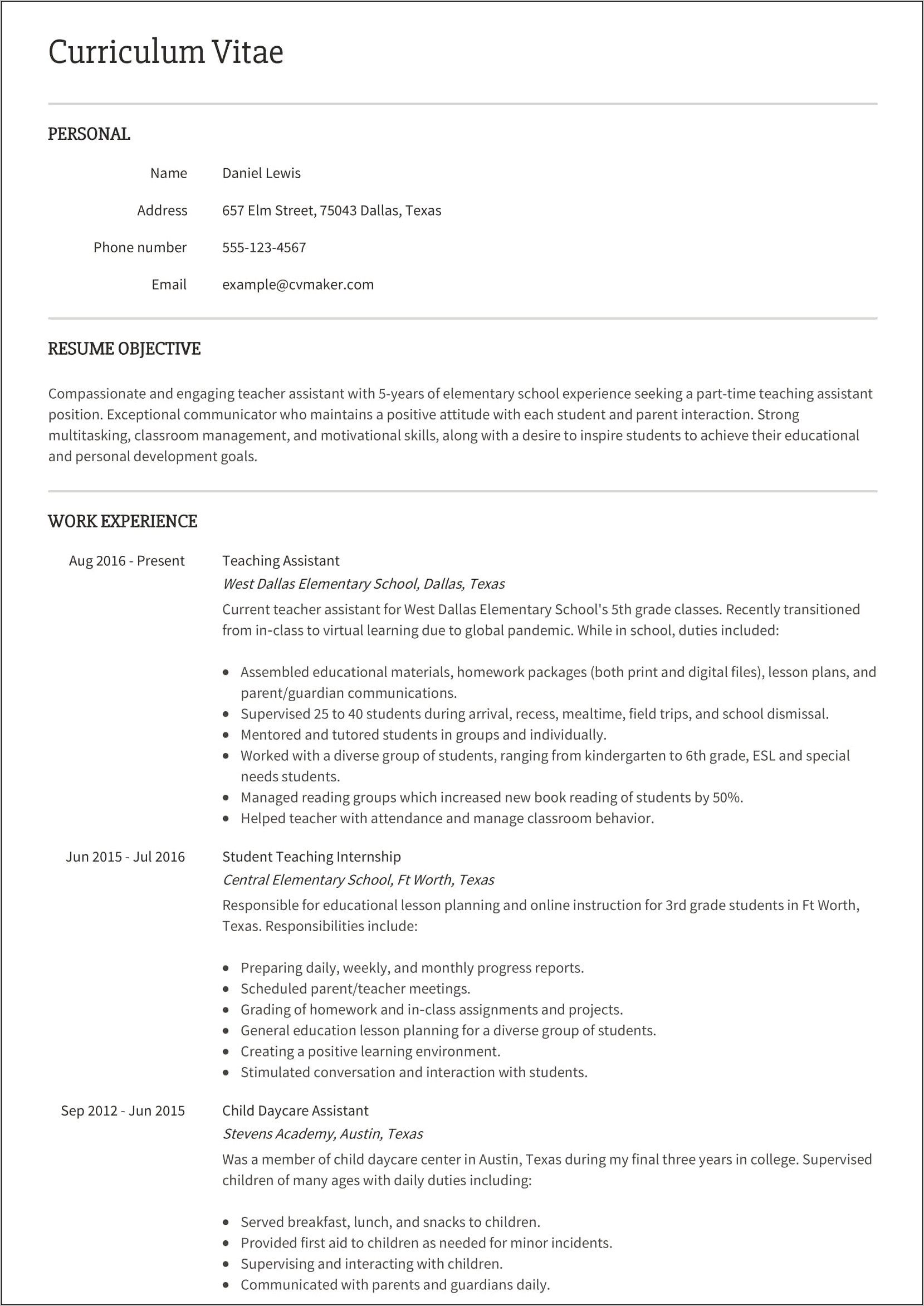 Example Resume Of College Teacher Assistant