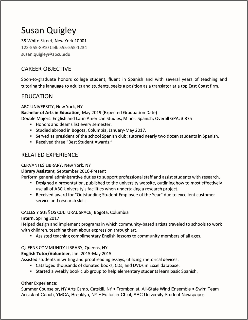 Example Resume Of Pursuing College Degree
