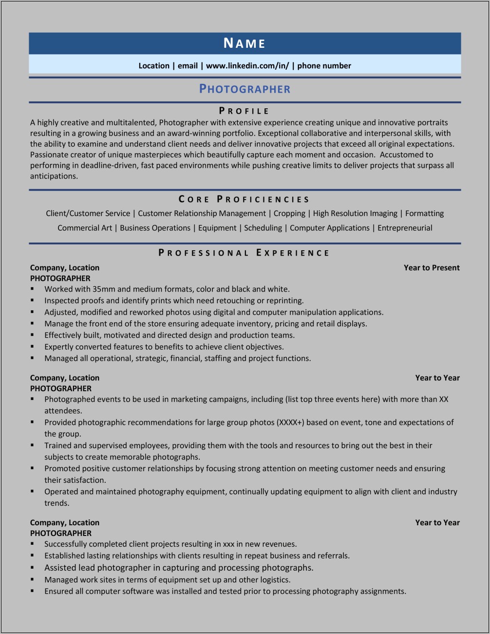 Example Resume Photographer With Sample Projects