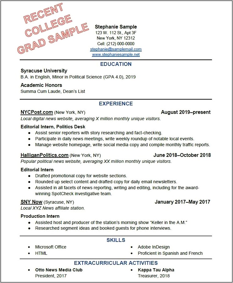 Example Resume Right Out Of College