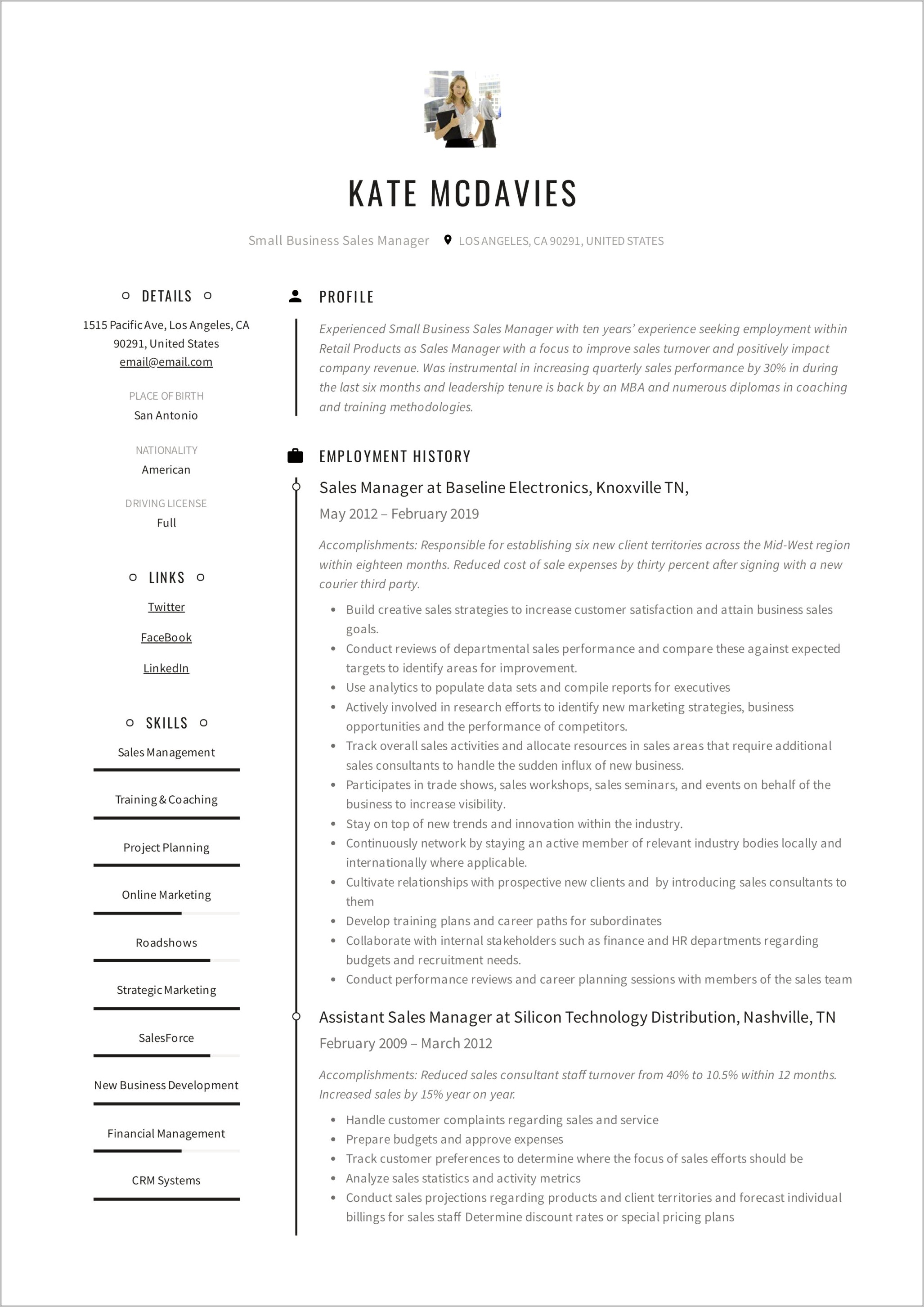 Example Resume Statements For Sales Manager