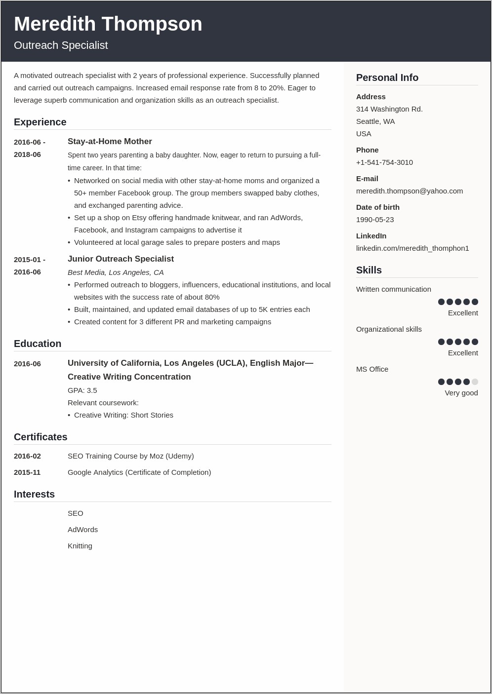 Example Resume Template For Stay At Home Mom