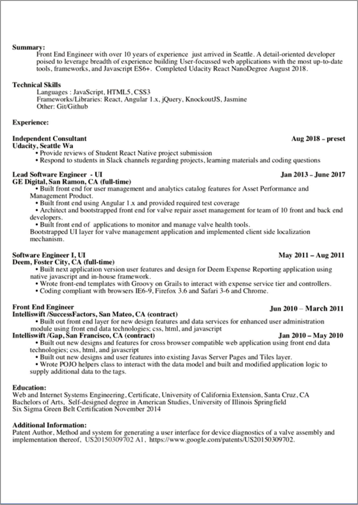 Example Resume With Six Sigma Green Belt