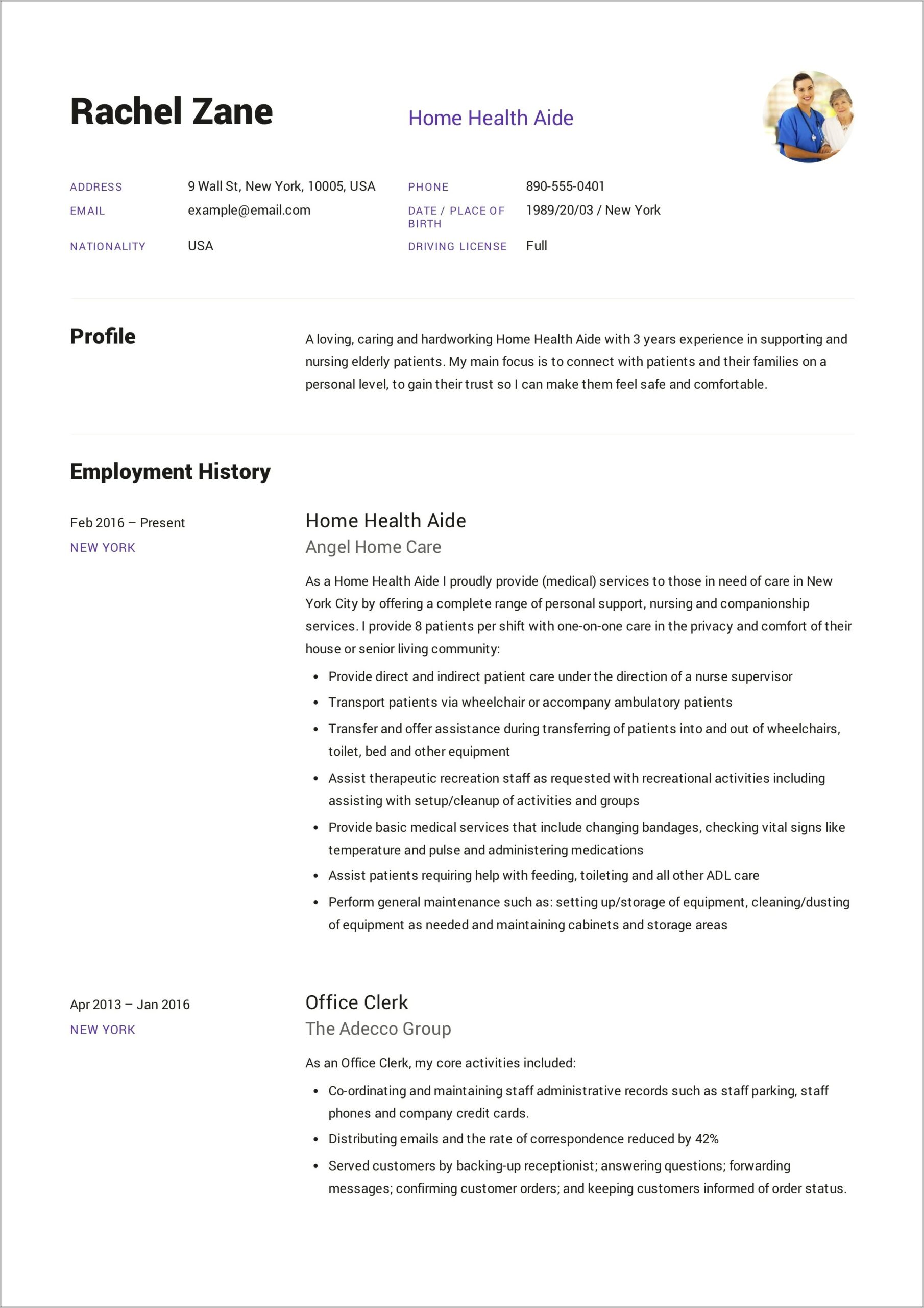 Example Sample Resume Home Health Aide