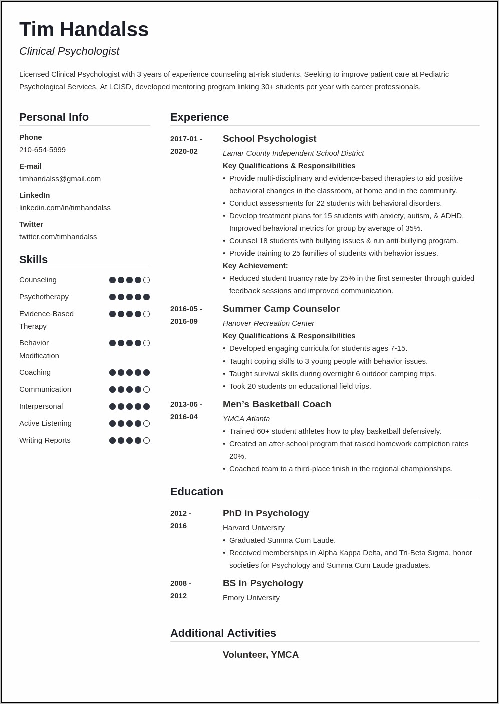 Example Skills Section Of Resume School Psychology