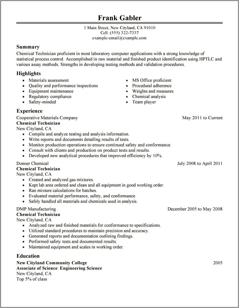 Examples For Chemistry Academic Career Based Resume