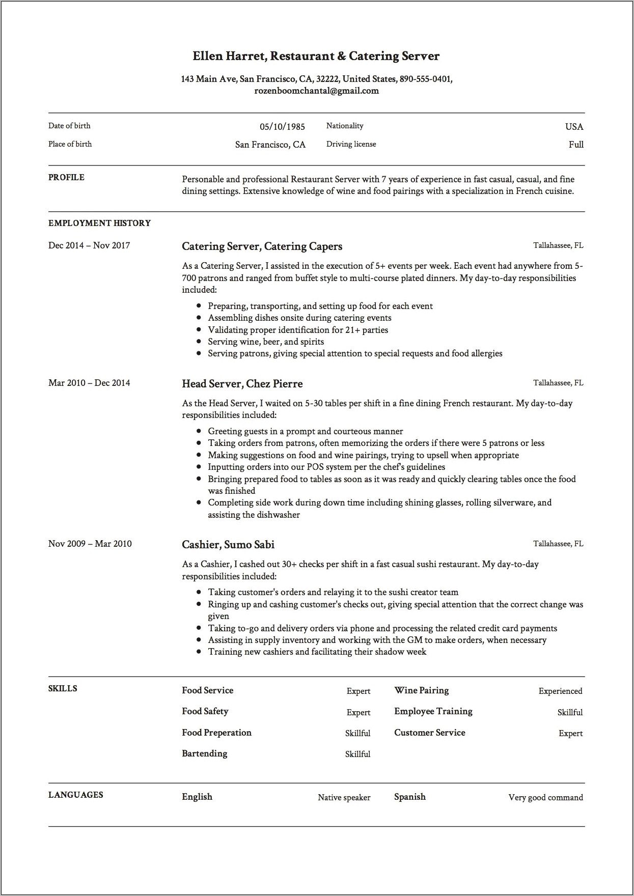 Examples For The Restaurant Resume Templates