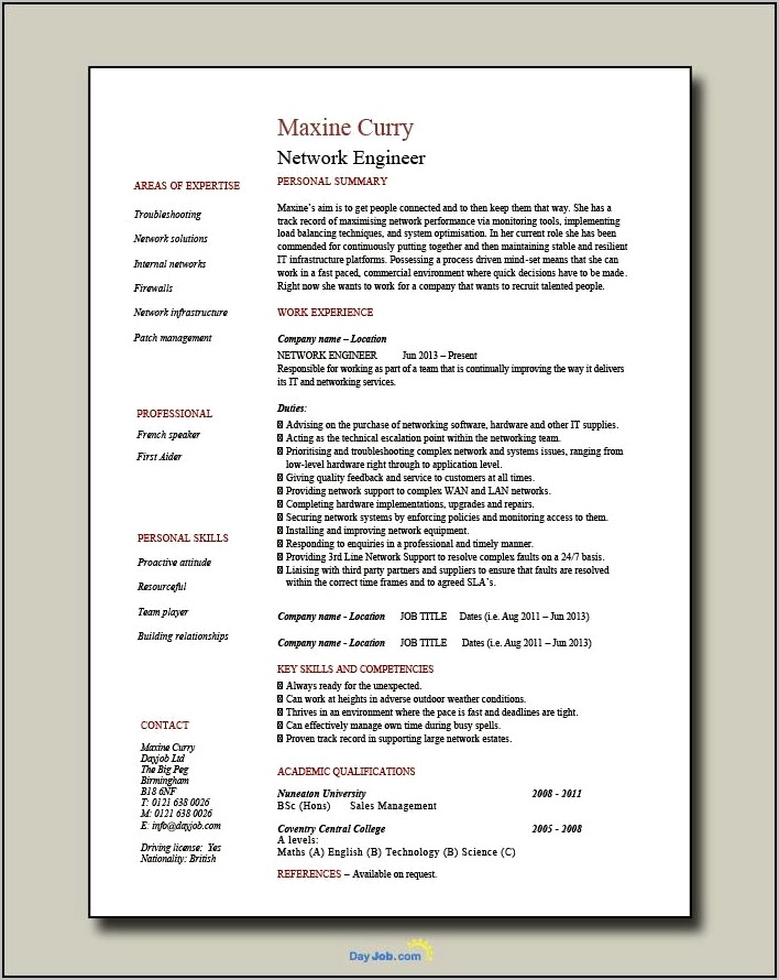 Examples Of A Network Engineer Resume