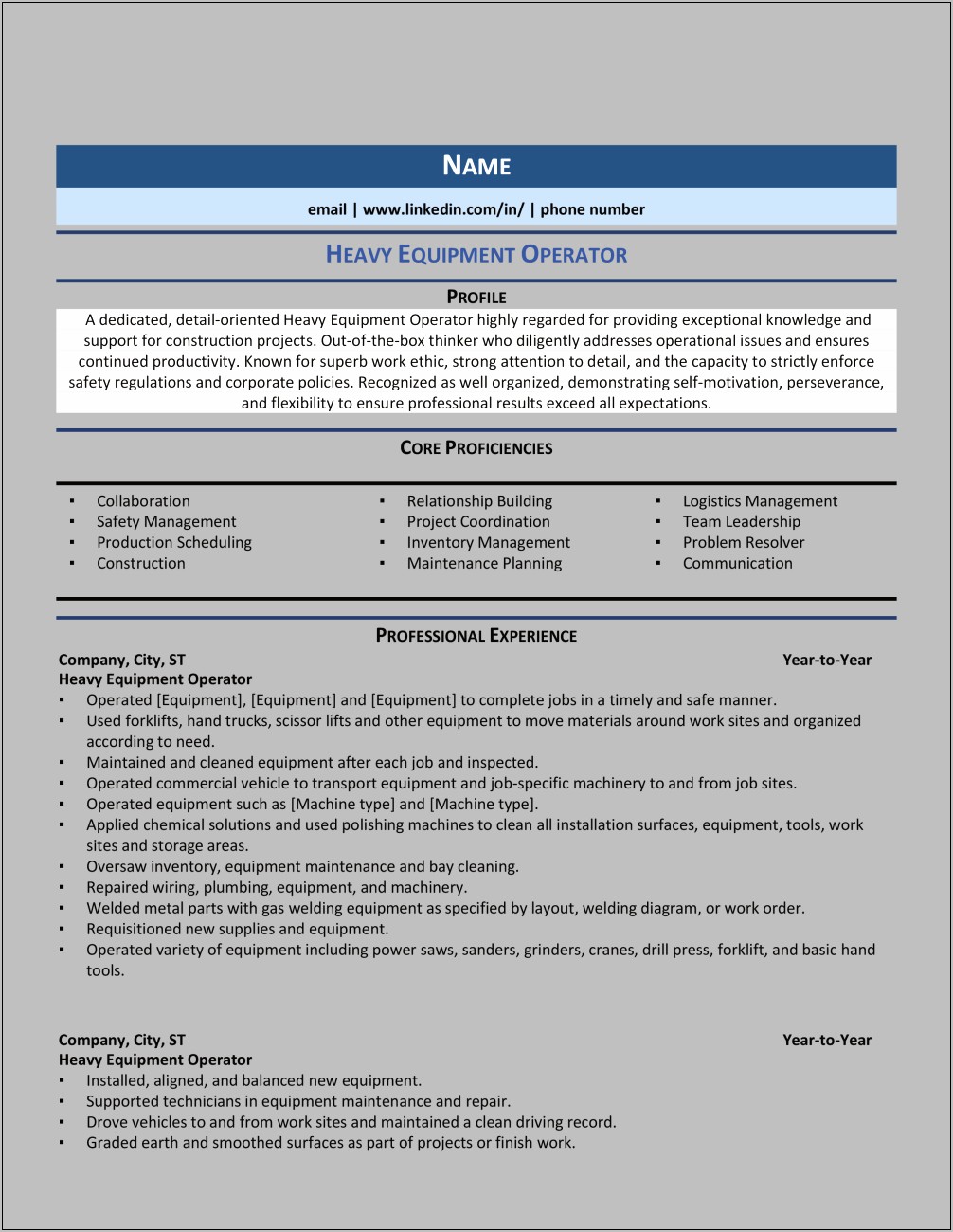 Examples Of A Operating Engineer Heavy Equipment Resume
