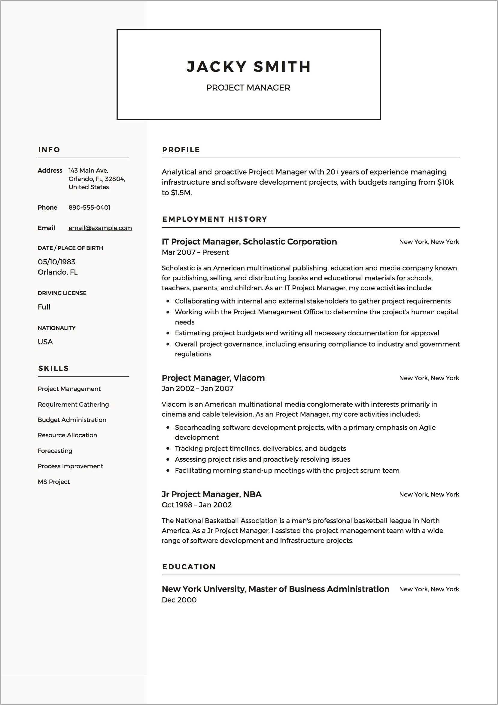 Examples Of A Project Managers Resume