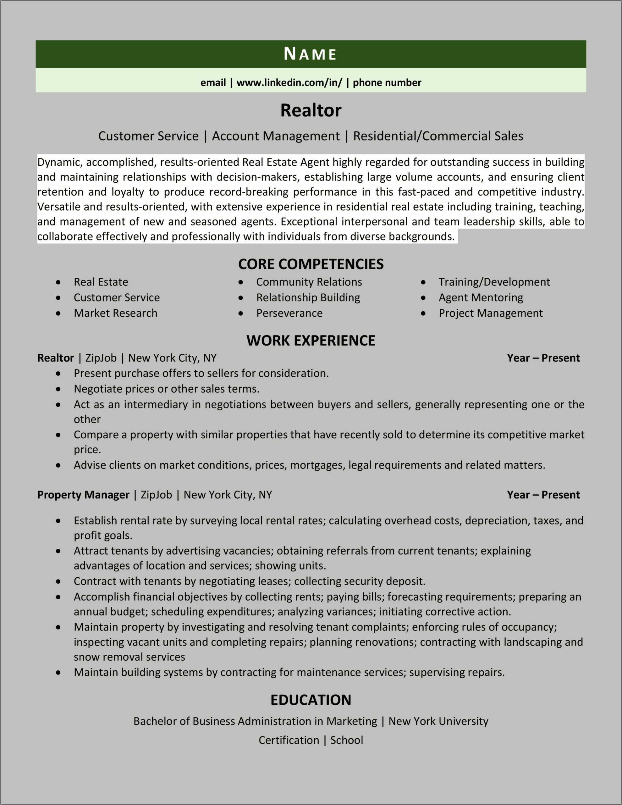 Examples Of A Real Estate Resume