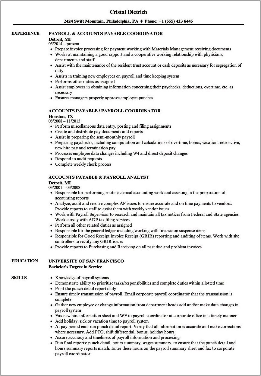 Examples Of A Resume For Payroll Skills