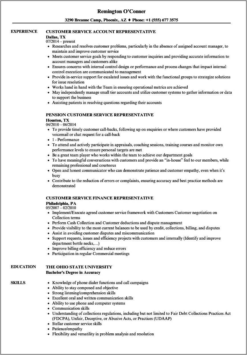 Examples Of A Resume Objective For Customer Service