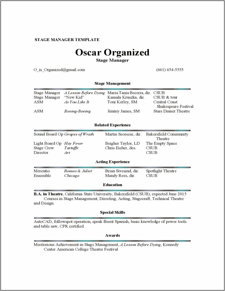 Examples Of A Theatre Tech And Acting Resumes