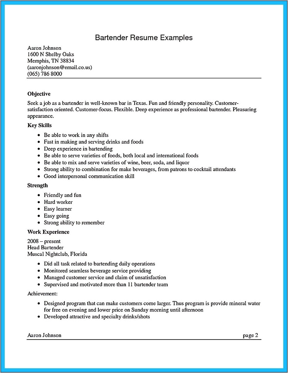 Examples Of Bartender Resumes With No Experience