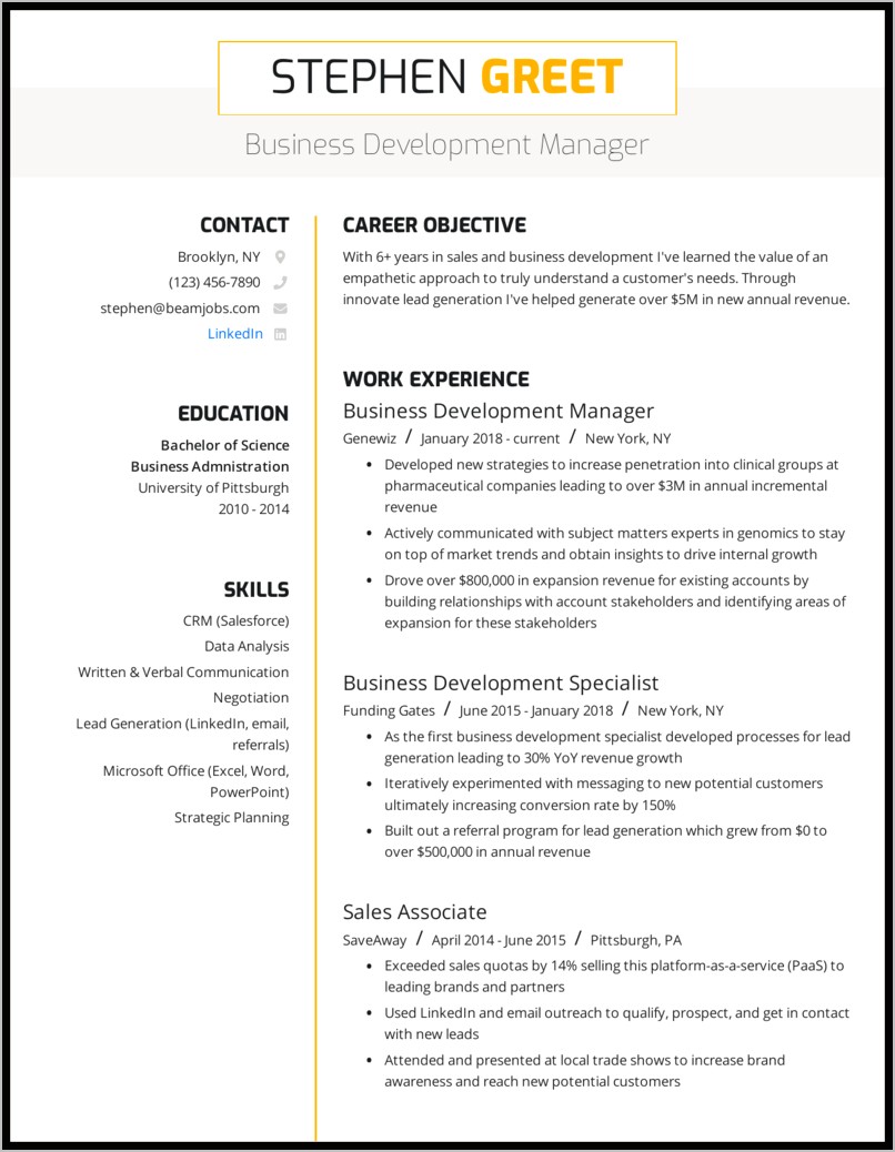 Examples Of Business Objectives For Resume