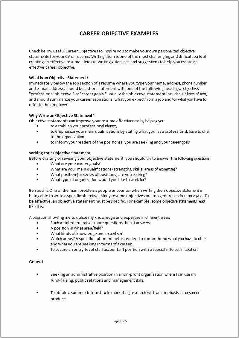 Examples Of Career Objectives In A Resume