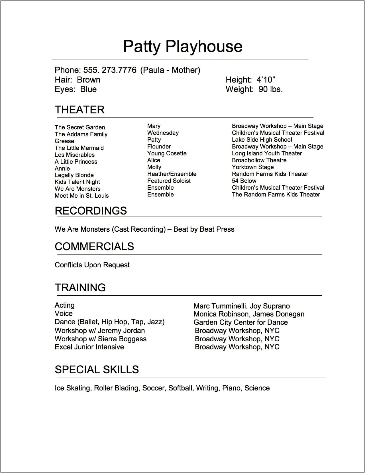 Examples Of Childrens Acting Theater Resume