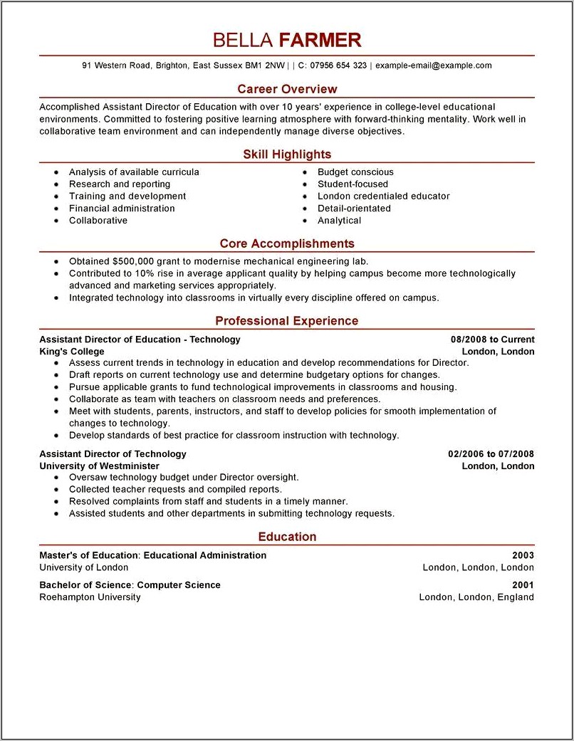 Examples Of College Education On Resume